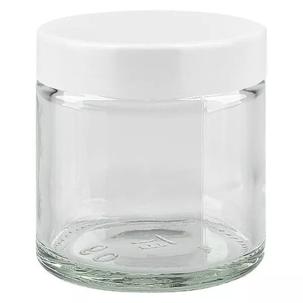 Przezroczysty szklany słoik 60 ml z białą bakelitową pokrywką ApoGlas. Farmaceutyczna jakość produkcji UE. Bezpieczny dla żywności. Elegancka prezentacja zawartości. Przezroczysty szklany słoik 60 ml z białą bakelitową pokrywką ApoGlas. Farmaceutyczna jakość produkcji UE. Bezpieczny dla żywności. Elegancka prezentacja zawartości.