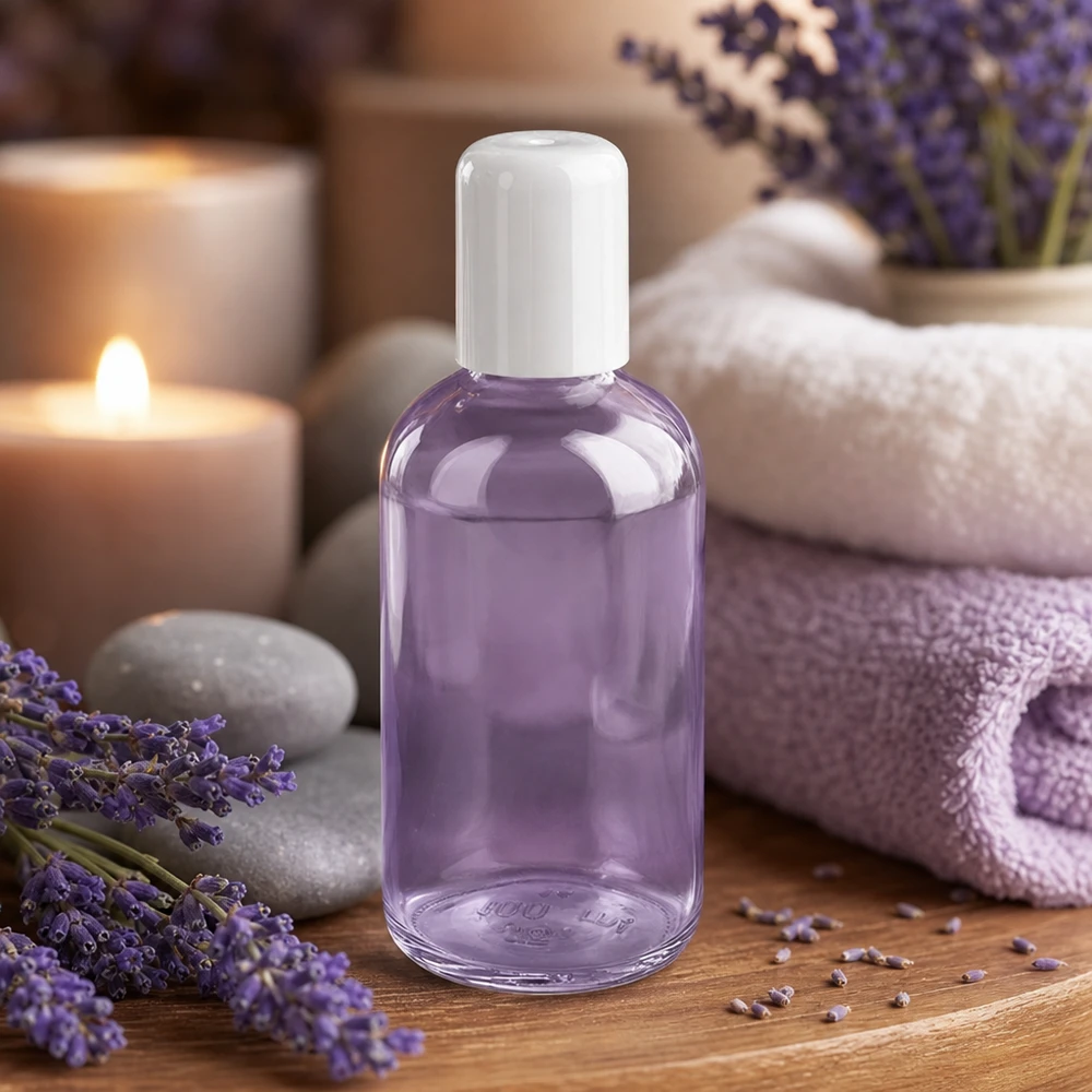 Biała buteleczka z kulką o pojemności 100 ml, model ClearLine UT18/100, napełniona olejkiem lawendowym, w otoczeniu spa