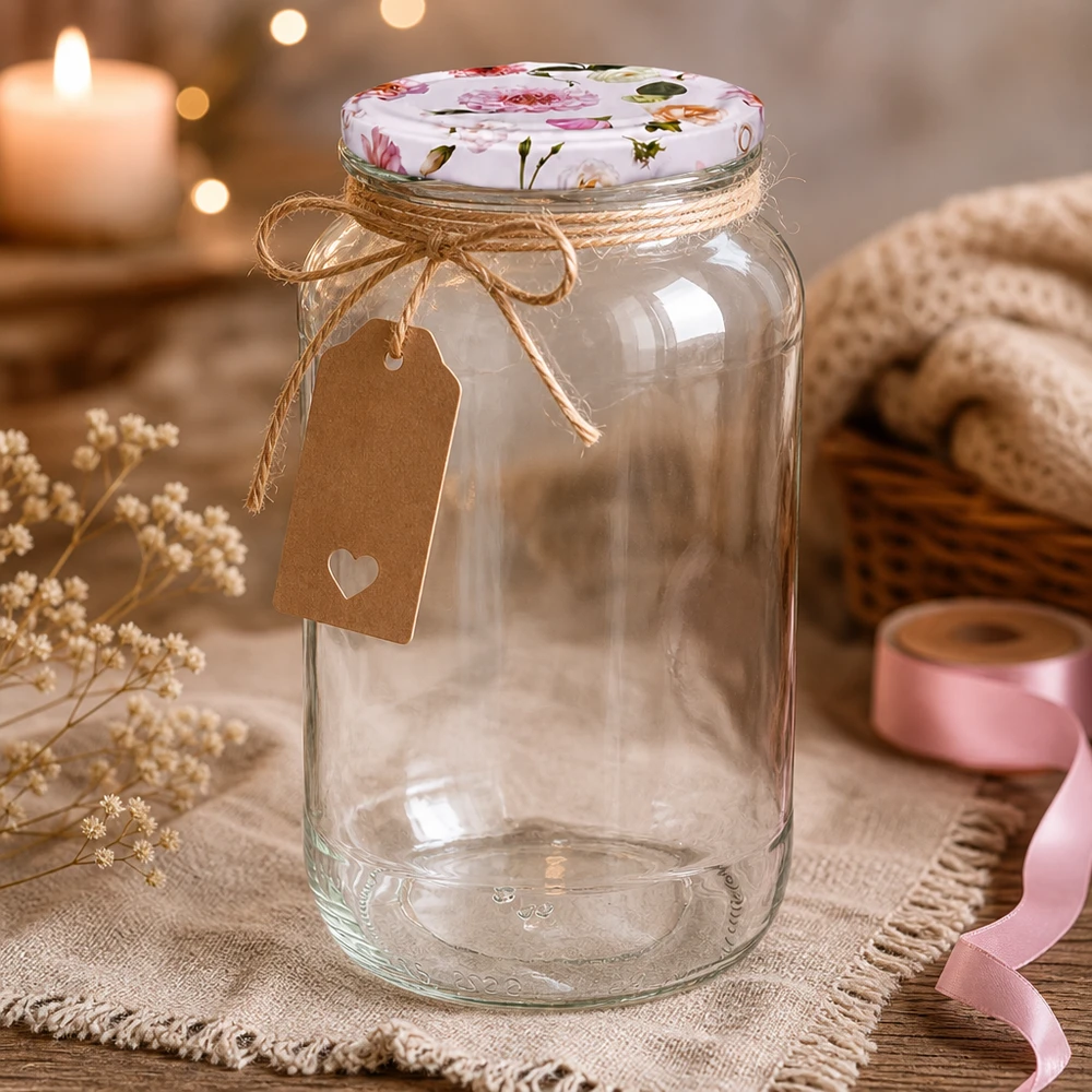 1062ml Rundglas + BasicSeal Deckel Blume rosa UNiTWIST Ozdobny okrągły słoik o pojemności 1062 ml z pokrywką w różowe kwiaty BasicSeal i przywieszką prezentową w stylu rustykalnym