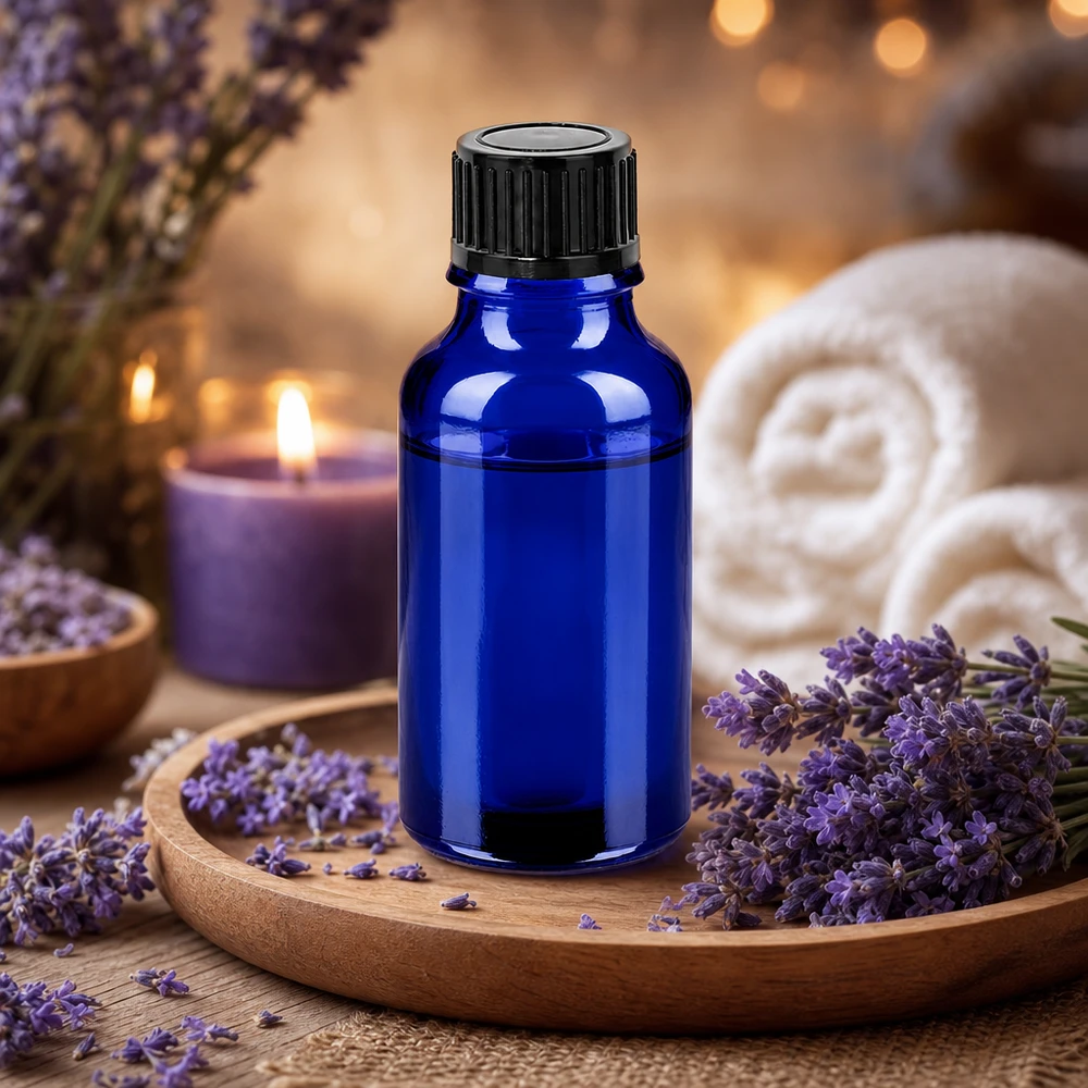 20 ml szklana butelka BlueLine UT18/20 Standard z czarną nakrętką do aromaterapii i odnowy biologicznej