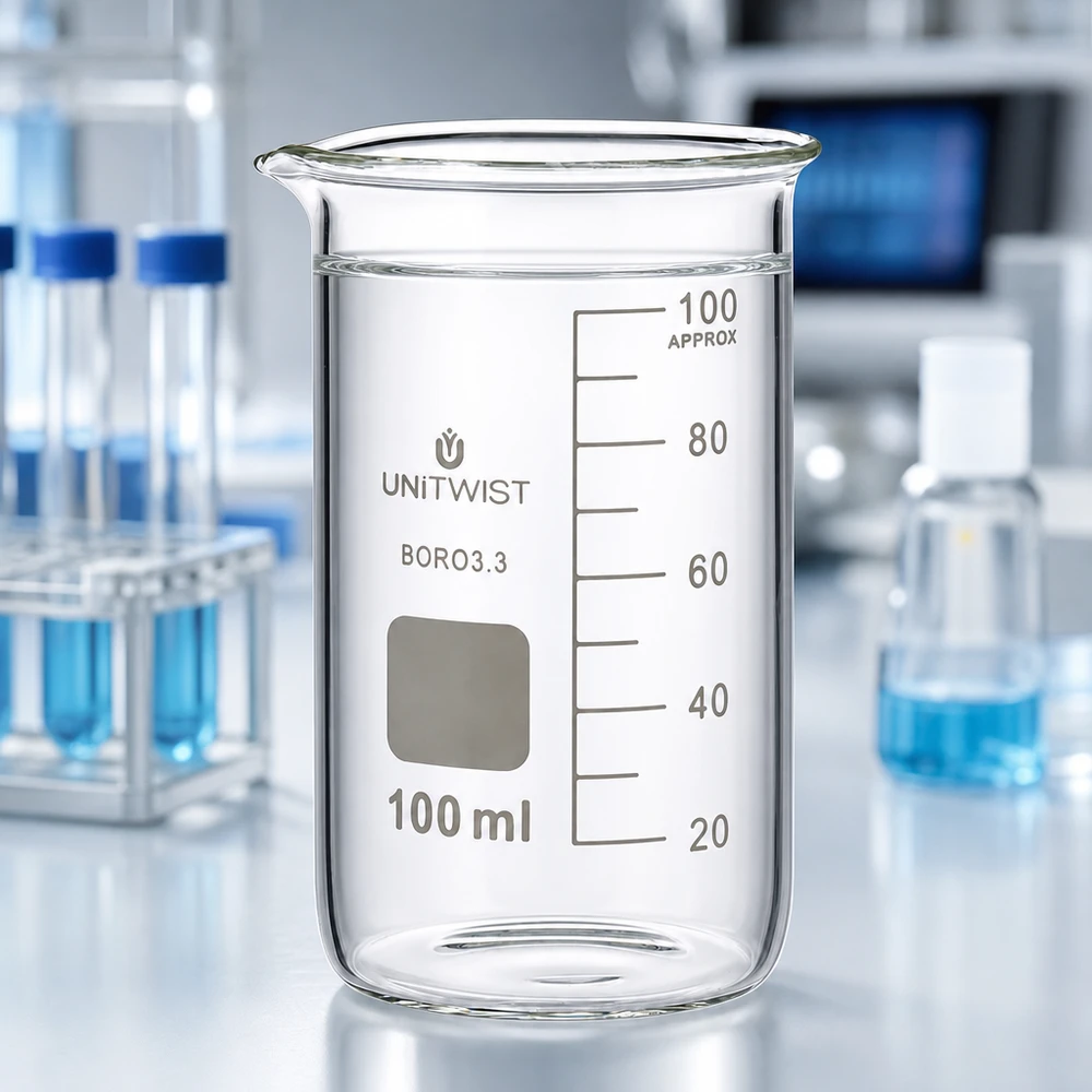 Pusta zlewka o pojemności 100 ml, wysoka, z borokrzemianu 3.3, marki UNITWIST, z miejscem na opis, na białym stole laboratoryjnym