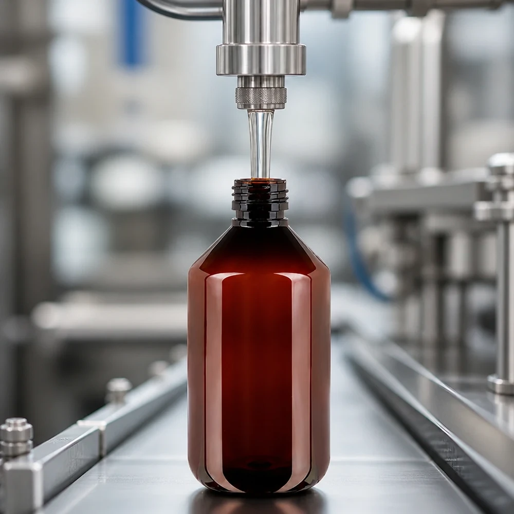 Butelka PET 500ml PP28 bez zakrętki Automatyczna linia rozlewnicza napełnia brązową butelkę PET o pojemności 500 ml (model PP28) i umieszcza ją na taśmie przenośnikowej
