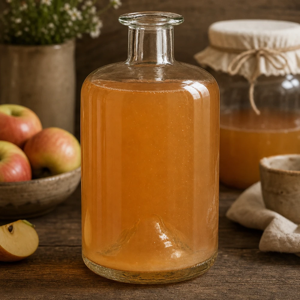 500ml Glasflasche Sofia mit Apfelessig befüllt rustikale Küchendeko Apothekerflasche für Essig Öl Gewürze transparent