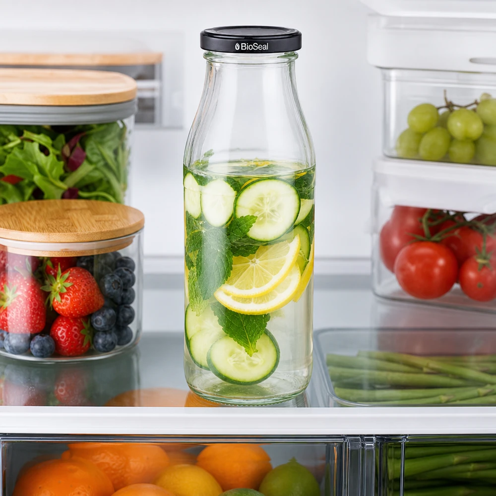 500 ml szklana butelka wody z cytryną i ogórkiem w lodówce obok świeżej żywności w pojemnikach do przechowywania.