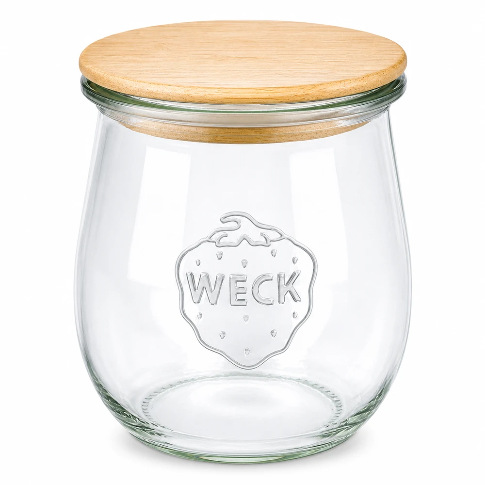 Słoik tulipanowy 220 ml WECK RR60 z drewnianą pokrywką WECK słoik na tulipany 220ml RR60 z drewnianą pokrywką - szklany słoik na przetwory z bambusową pokrywką do kuchni i przechowywania