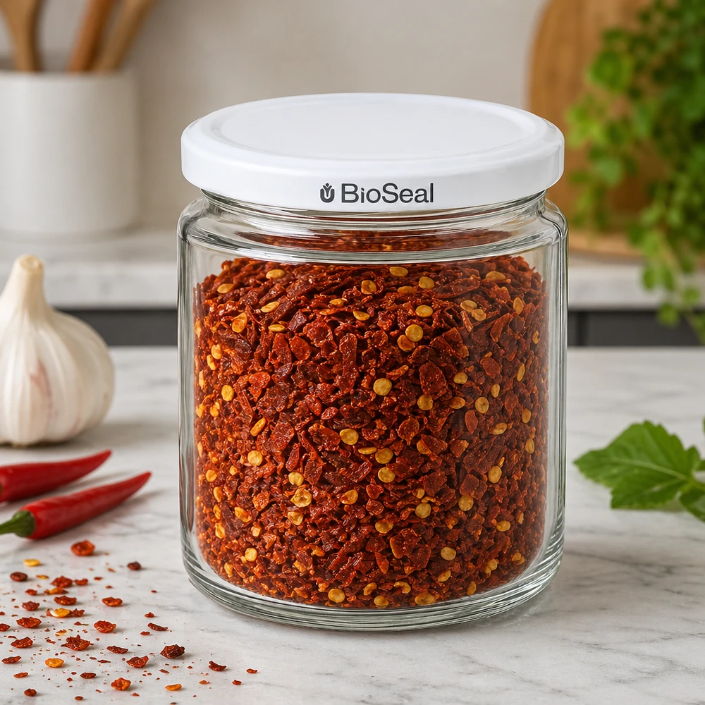 350g Honigglas + BioSeal Deckel weiß UNiTWIST Słoik na miód o pojemności 250 ml z pokrywką BioSeal wypełniony mieszanką przypraw chili do przechowywania w kuchni na marmurowym blacie