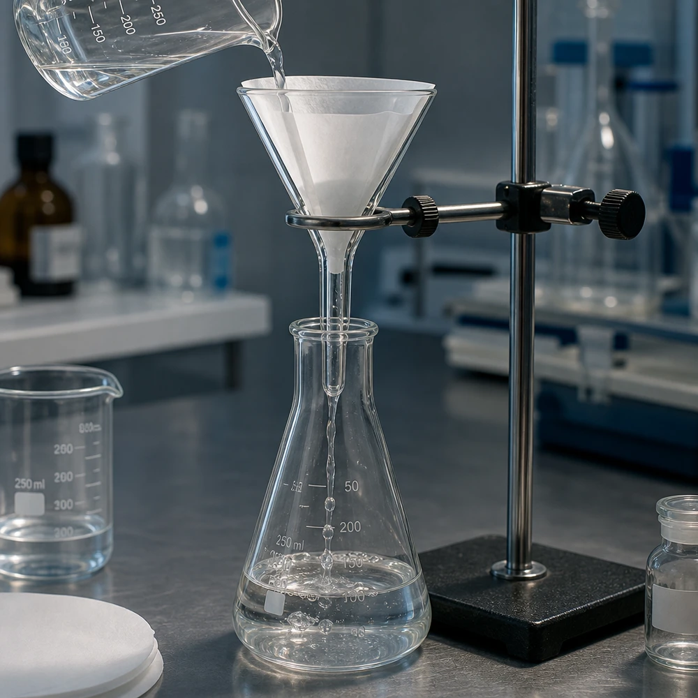 Lejek Ø 30 mm do wapna sodowanego, kąt 60°, krótki Lejek laboratoryjny wykonany ze szkła sodowo-wapniowego z otworem 30 mm i kompaktową konstrukcją do bezpiecznych procesów filtracji