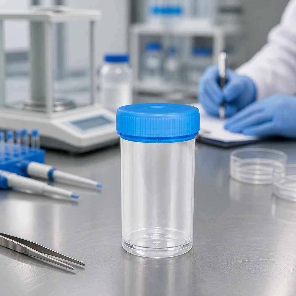 Uniwersalny plastikowy słoik (naczynie) 50 ml Sterylny pojemnik na próbki o pojemności 50 ml, wykonany z przezroczystego polipropylenu, z niebieską zakrętką, przeznaczony do użytku laboratoryjnego