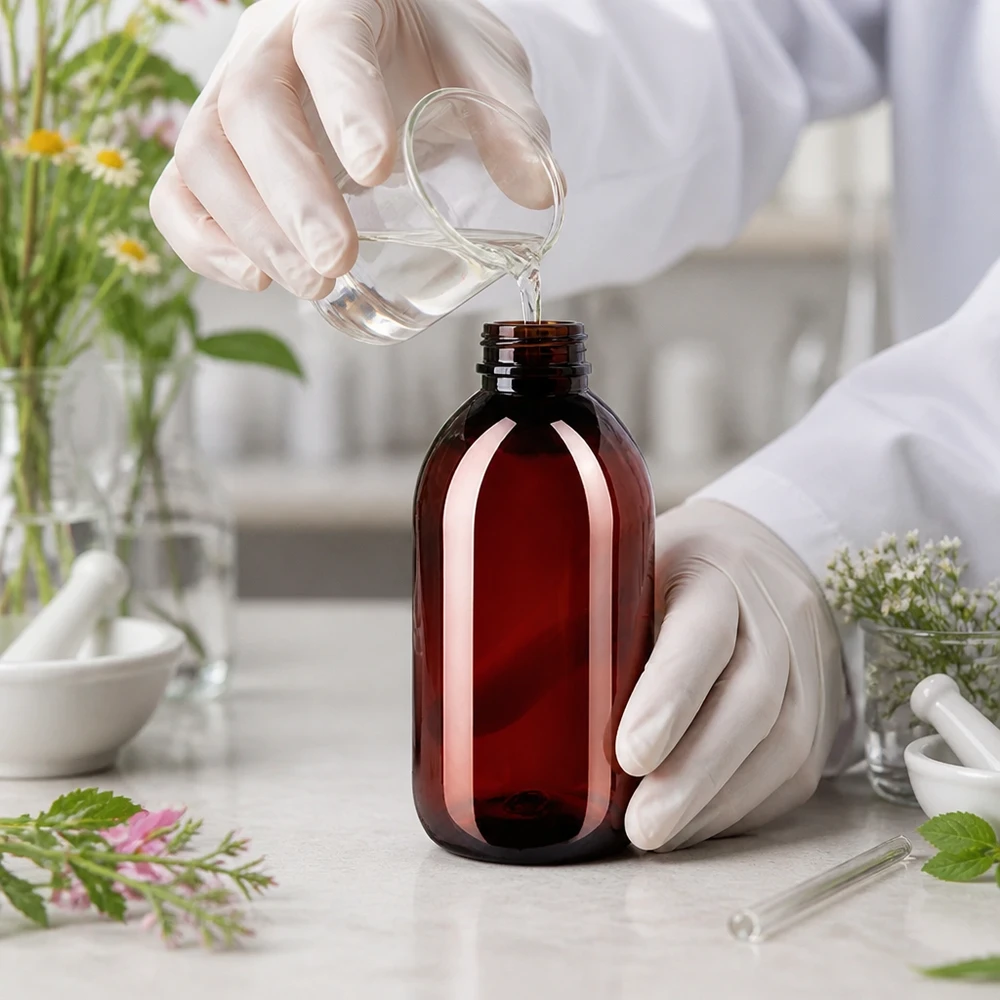 Butelka apteczna 250 ml z PET w kolorze bursztynowym z zamknięciem zabezpieczającym przed manipulacją przy napełnianiu płynem
