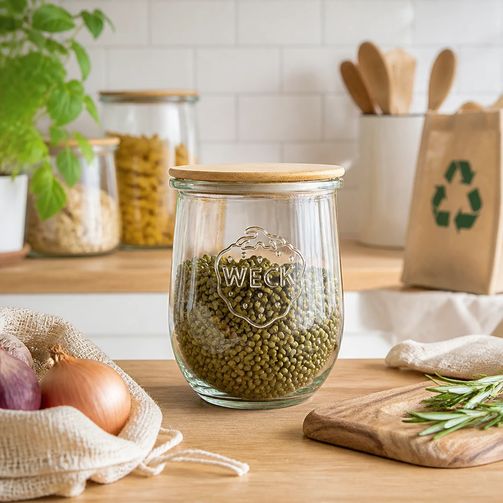 Słoik tulipanowy WECK RR100 o pojemności 1062 ml z drewnianą pokrywką WECK Tulpenglas 1062ml RR100 mit Holzdeckel als stilvolles Vorratsglas für Hülsenfrüchte in moderner Küche