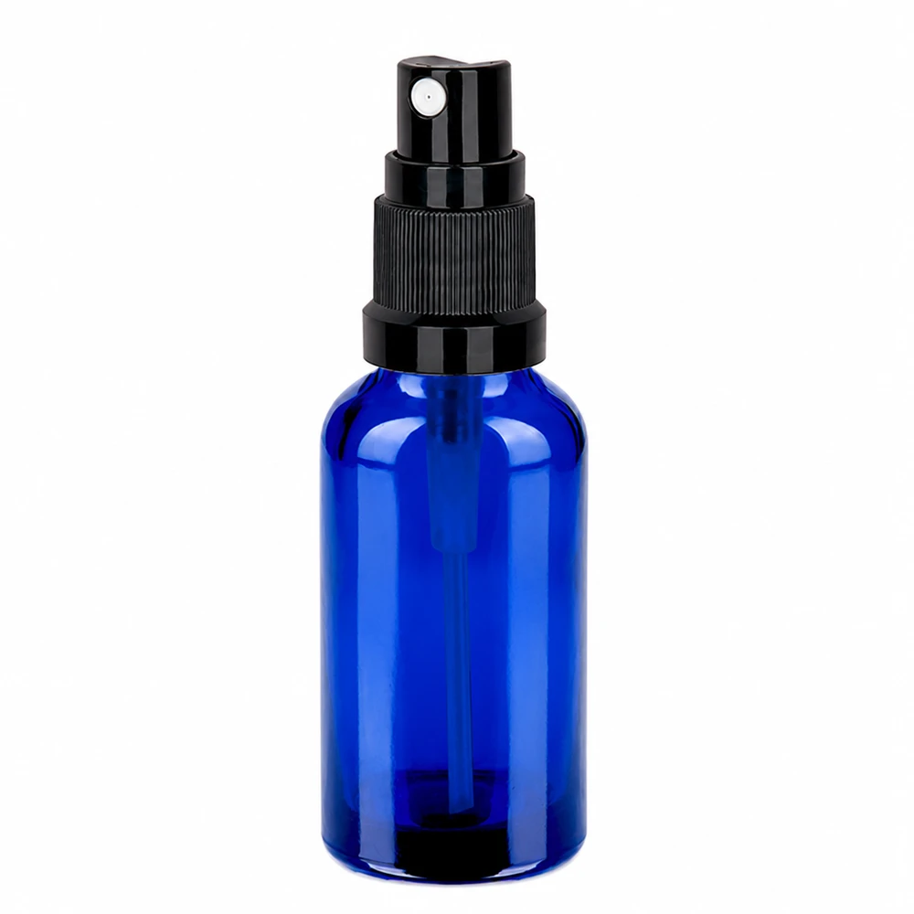 Butelka ze spryskiwaczem 30 ml czarna STD BlueLine UT18/30 Niebieska szklana butelka 30 ml z czarną głowicą rozpylającą do perfum i aromaterapii