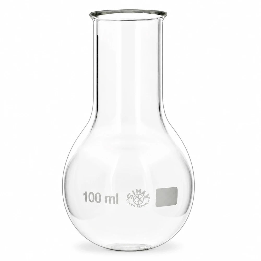 Kolba okrągłodenna 100 ml z szeroką szyjką i szerokim otworem ułatwiającym napełnianie i czyszczenie w laboratorium