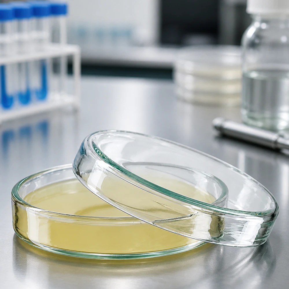 Szalka Petriego 60 mm wykonana z przezroczystego szkła laboratoryjnego do hodowli mikroorganizmów i kultur komórkowych. Wysokość 15 mm Szklane naczynia Petriego o wymiarach 60 x 15 mm wypełnione żółtym agarem odżywczym w profesjonalnym środowisku laboratoryjnym