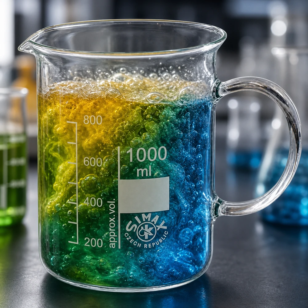 Zlewka 1000 ml ze szkła borokrzemowego, z uchwytem Szklanka o pojemności 1000 ml z uchwytem i kolorową mieszaniną odczynników w odcieniach niebieskiego, zielonego i żółtego w laboratorium