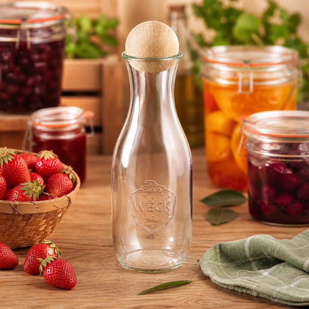 Szklana butelka WECK 1062ml w kuchni ze słoikami dżemu z truskawkami i drewnianą bukową zakrętką