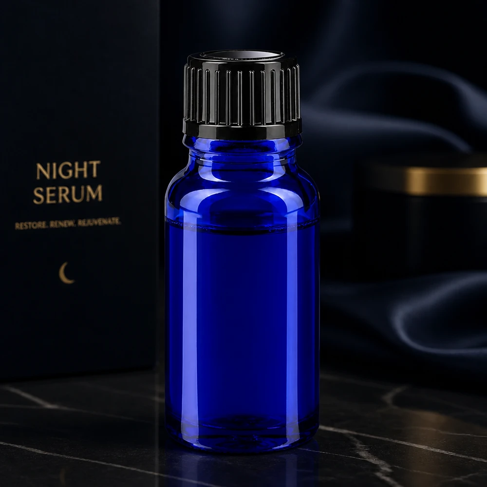 Butelka apteczna niebieska 10ml zakrętka czarna szt. Elegancka buteleczka apteczna o pojemności 10 ml w kolorze kobaltowym z czarną zakrętką, przeznaczona na serum na noc