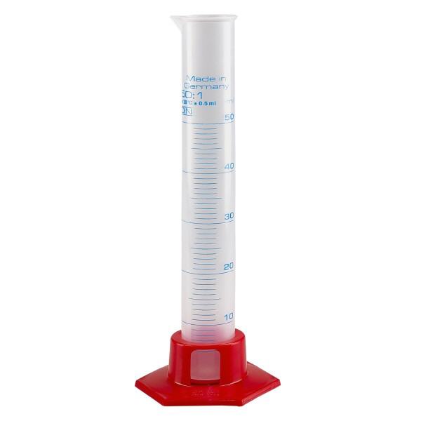 Cylinder miarowy PP o pojemności 50 ml z czerwoną podstawą Cylinder miarowy PP o pojemności 50 ml z czerwoną podstawą