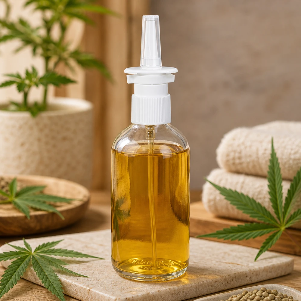 Butelka z atomizerem do nosa ClearLine o pojemności 100 ml, wypełniona złotym olejem CBD, z białą nasadką do nosa