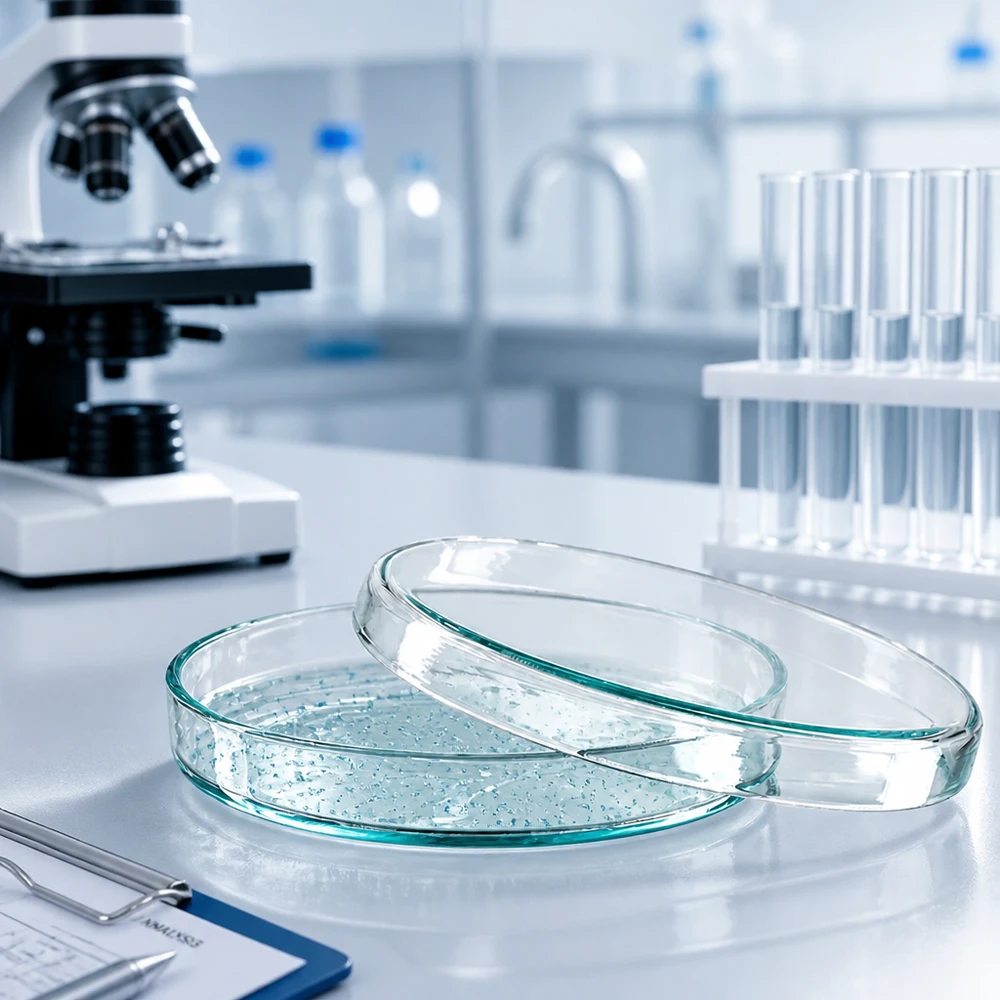 Szalki Petriego ze szkła laboratoryjnego o wymiarach 90 x 15 mm z pożywką na białym stole laboratoryjnym obok mikroskopu
