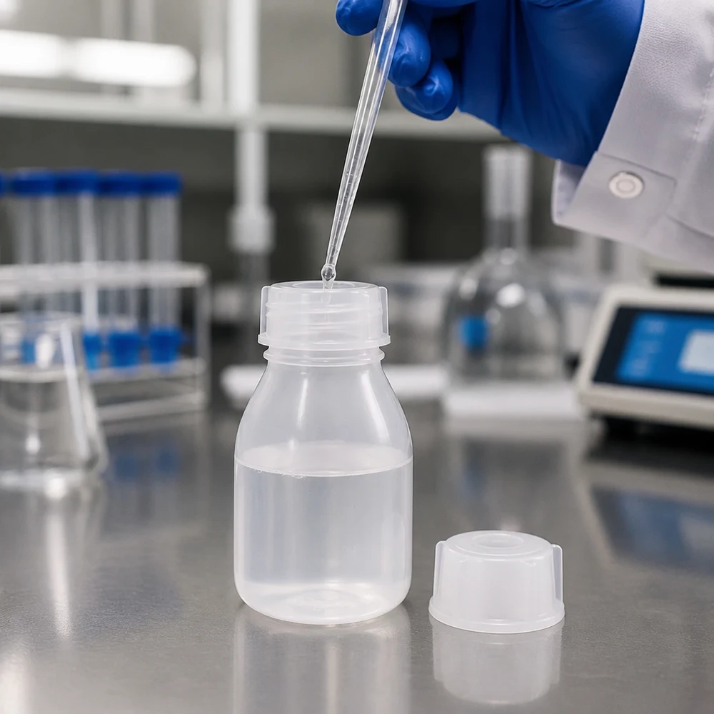 Butelka zakręcana 10 ml, butelka laboratoryjna z wąską szyjką Laborant pipetuje płyn do 10-mililitrowej butelki z wąską szyjką i zakręcaną nakrętką, wykonanej z PP, mając na ręce niebieską rękawiczkę