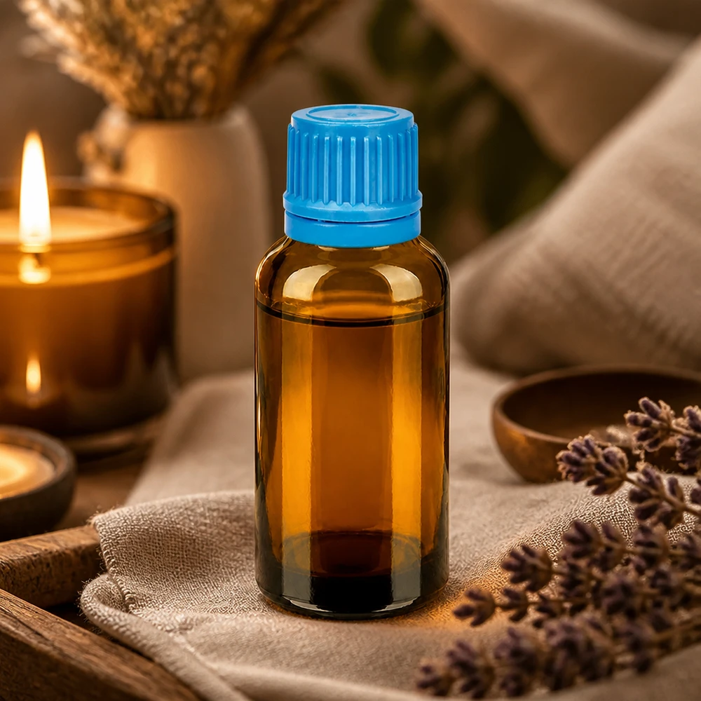 Butelka 30 ml 11 mm SV niebieska OV BrownLine UT18/30 Szklana butelka o pojemności 30 ml w kolorze bursztynowym z teksturowaną niebieską zakrętką umożliwiającą precyzyjne dozowanie.