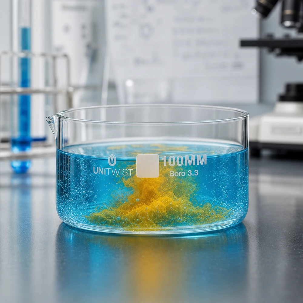 Miska do krystalizacji 100 mm UNiTWIST – reakcja strącania: niebieski, żółty – szkło borokrzemowe – laboratorium
