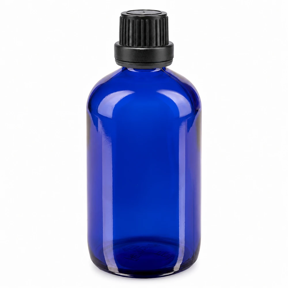 Butelka apteczna niebieska 100ml zakrętka czarna szczelna OV Niebieska szklana buteleczka apteczna o pojemności 100 ml z czarną zakrętką 11 mm