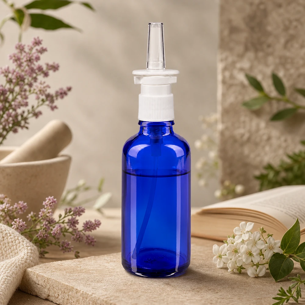 Butelka apteczna niebieska 50ml atomizer do nosa biały St Niebieska butelka na spray do nosa o pojemności 50 ml, wykonana ze szkła aptecznego, z ergonomicznym białym dozownikiem z pompką