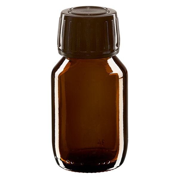 Butelka na lek 50 ml brązowa, zakrętka brązowa z pierścieniem ApoGlas umożliwiającym manipulację. Farmaceutyczna jakość produkcji UE. Gwint 28 mm (PP28). (syrop, butelka z lekkiego szkła) Butelka na lek 50 ml brązowa, zakrętka brązowa z pierścieniem ApoGlas umożliwiającym manipulację. Farmaceutyczna jakość produkcji UE. Gwint 28 mm (PP28). (syrop, butelka z lekkiego szkła)