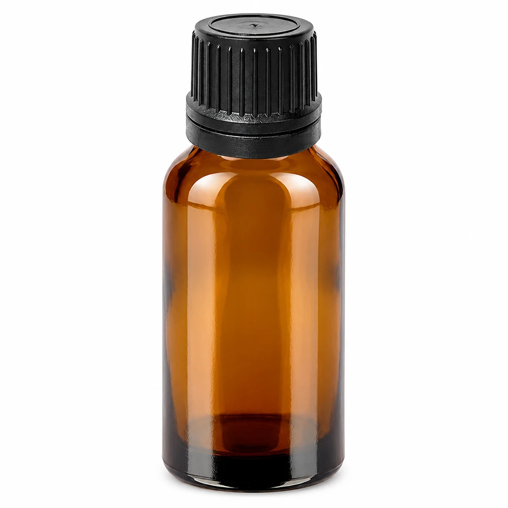 20 ml butelka z kroplomierzem 1 mm czarna OV BrownLine UT18/20 Butelka z zakraplaczem z bursztynowego szkła o pojemności 20 ml z czarną zakrętką do olejków eterycznych i kosmetyków