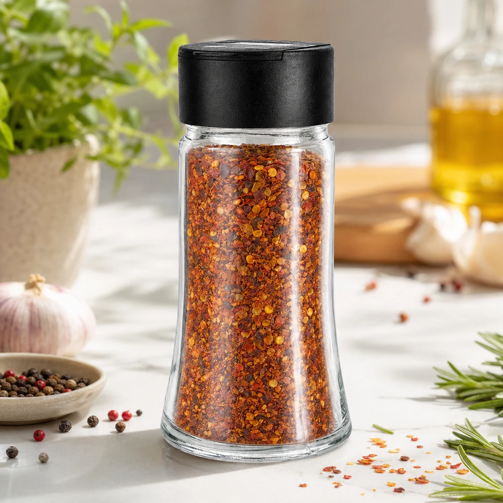Słoik na sól/przyprawy o pojemności 95 ml z podwójną dozownicą, czarny Płatki chili w słoiku na przyprawy o pojemności 95 ml, wykonanym z przezroczystego szkła, z czarną pokrywką z dozownikiem, na marmurowej podstawce