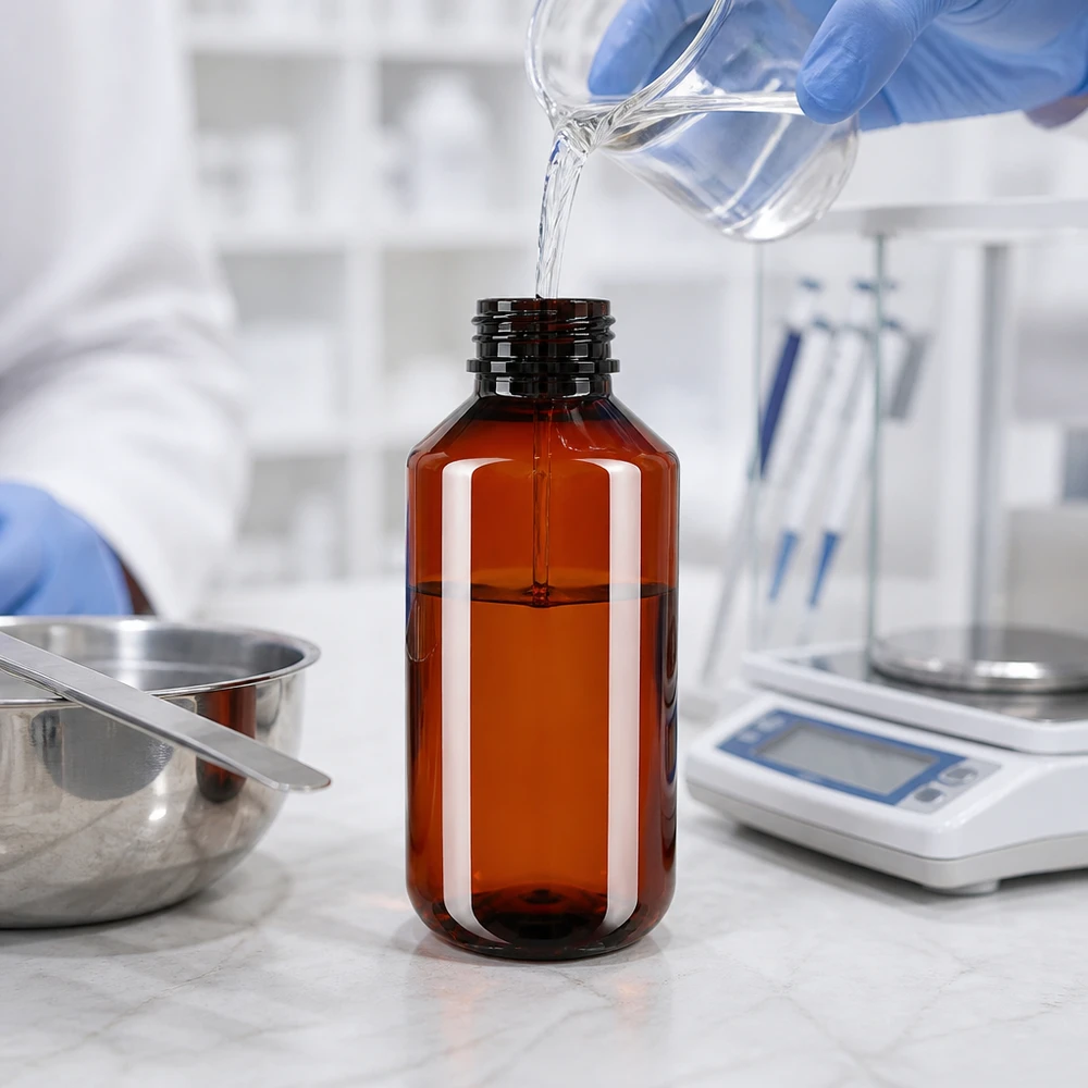 Brązowa butelka PET o pojemności 100 ml z białą etykietą, obok wagi laboratoryjnej i szklanej zlewki podczas napełniania