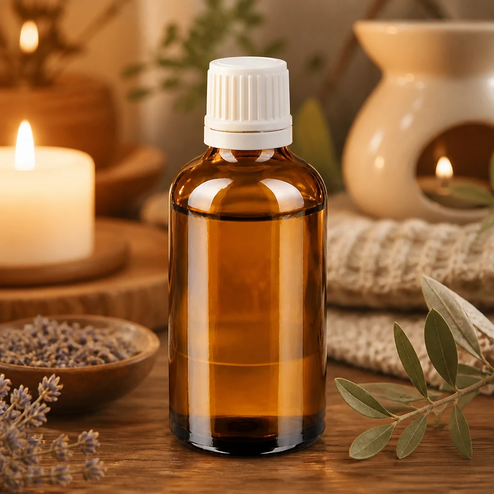Butelka apteczna brązowa 50ml zakrętka biała OV Butelka z brązowego szkła o pojemności 50 ml z białą zakrętką, otoczona lawendą i świecami