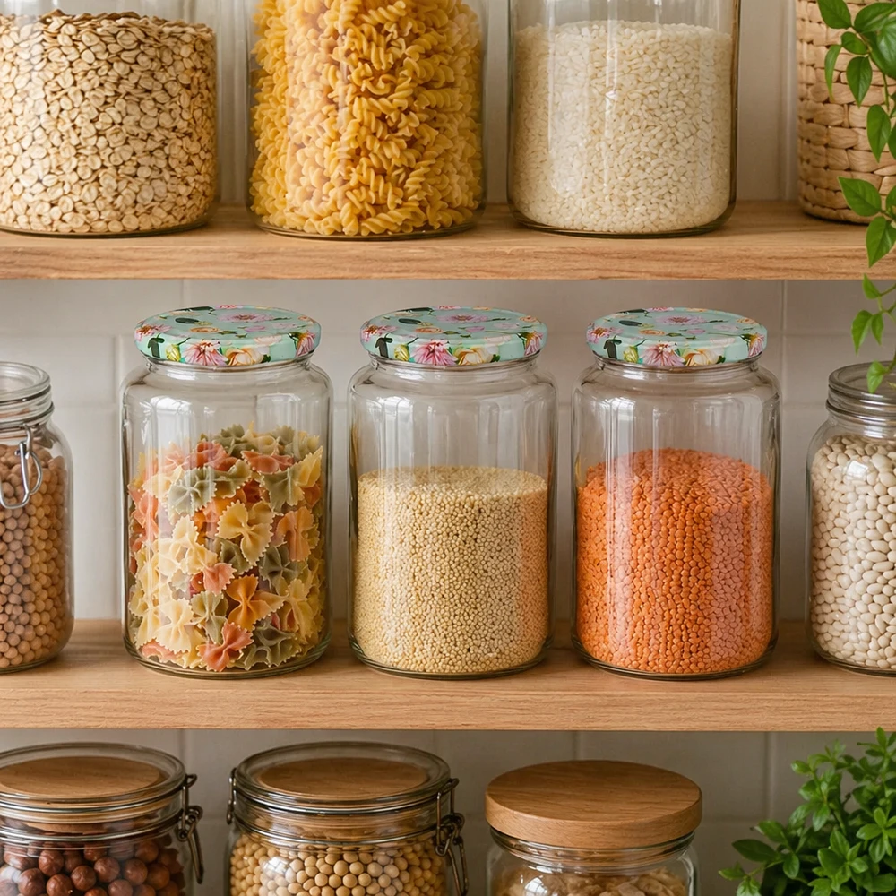 795ml Rundglas + BasicSeal Deckel Blume mint UNiTWIST Organizer do spiżarni z okrągłymi słoikami o pojemności 795 ml z pokrywkami w kształcie kwiatów mięty, wypełnionymi makaronem, soczewicą i płatkami zbożowymi.