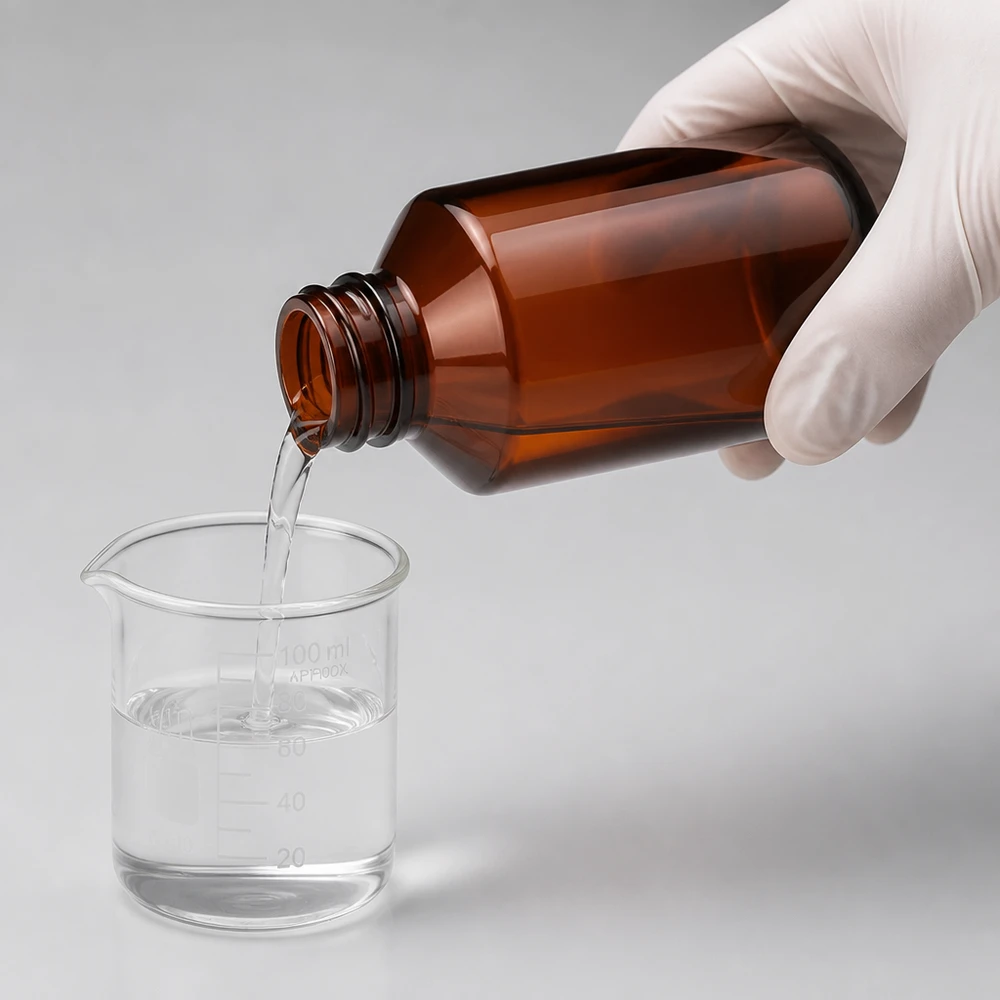 Butelka PET 500 ml z białą nakrętką typu flip-top. Przejrzysty eksperyment laboratoryjny z bursztynową butelką PET o pojemności 500 ml podczas nalewania do zlewki