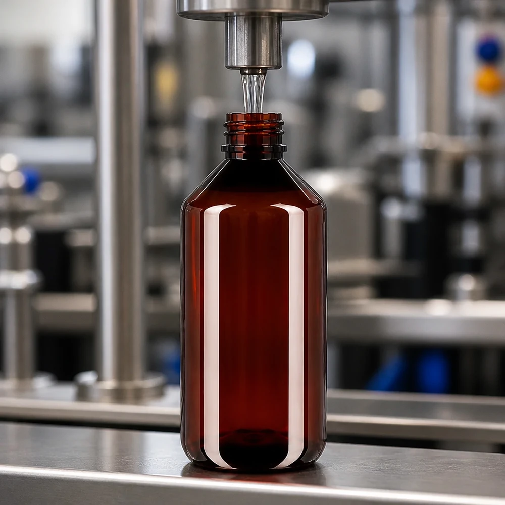 Linia rozlewnicza napełnia przemysłowo brązowe butelki PET o pojemności 750 ml z czerwonymi nakrętkami odgazowującymi