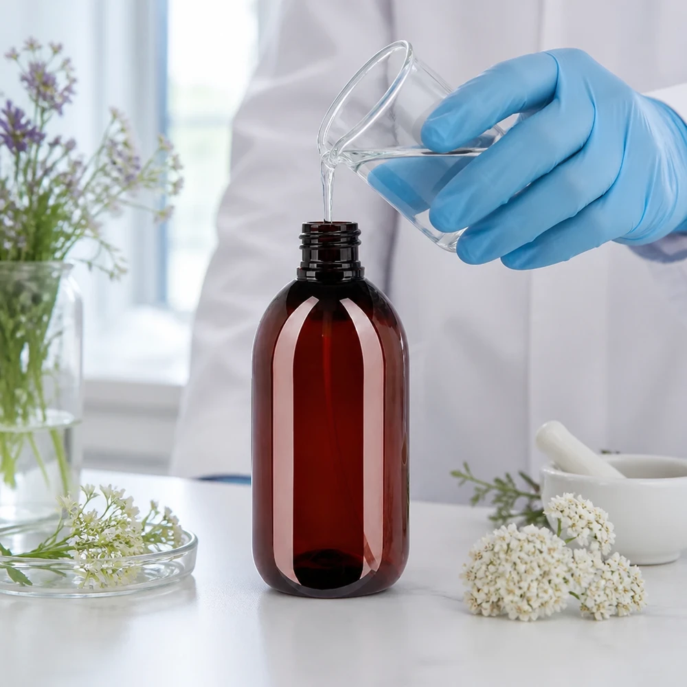Befüllung einer braunen 250ml PET Flasche mit Heilpflanzenextrakt im Reinraum