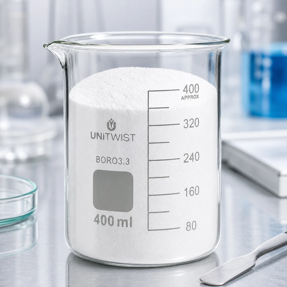 Zlewka 400ml borokrzemianowa, niski kształt UNiTWIST Szklanka UNiTWIST o pojemności 400 ml i niskim profilu, wypełniona białym proszkiem, stojąca na stole laboratoryjnym