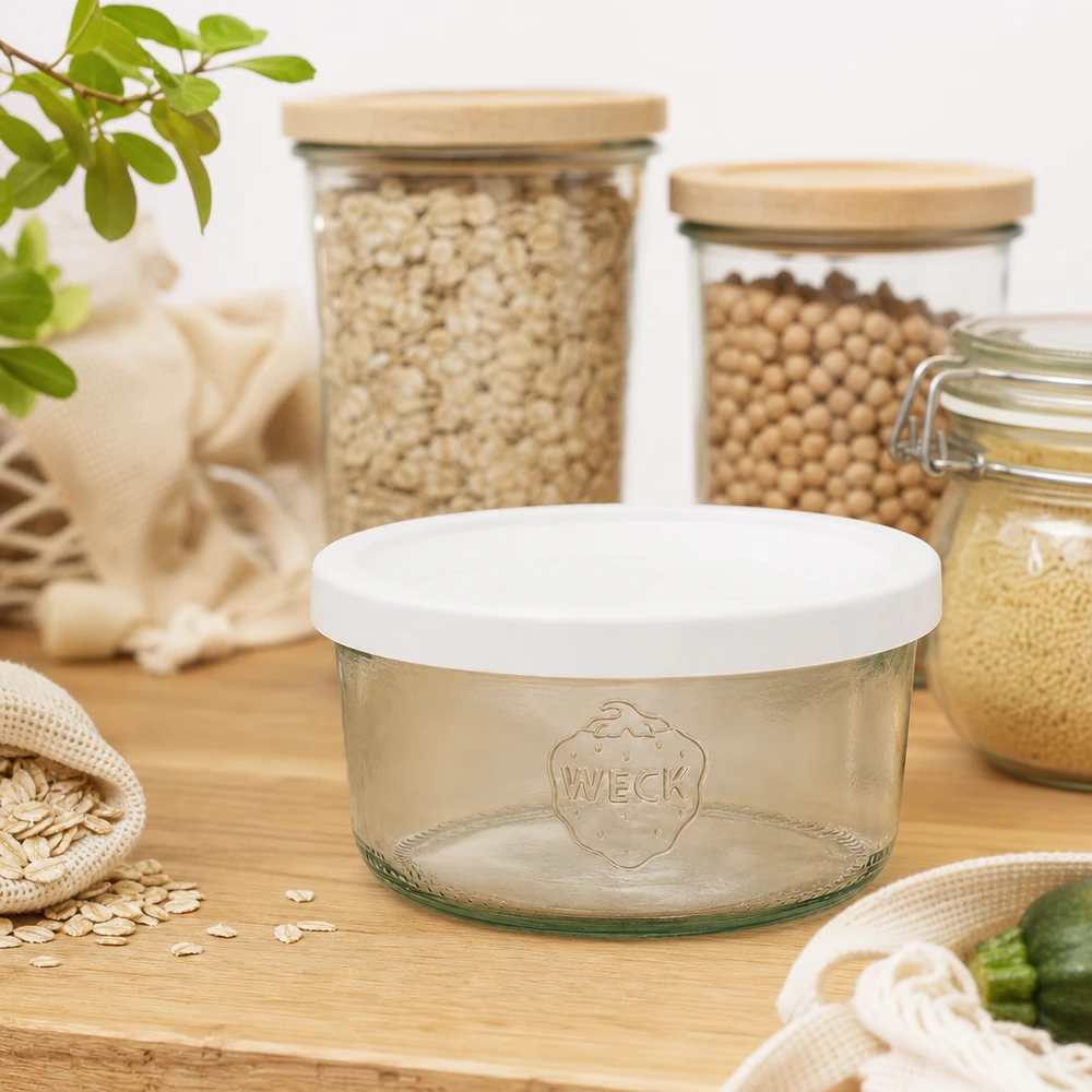 Kubki WECK 165 ml RR80 puste w zrównoważonej kuchni zero-waste ze słoikami do przechowywania i torbami materiałowymi wykonanymi z drewna