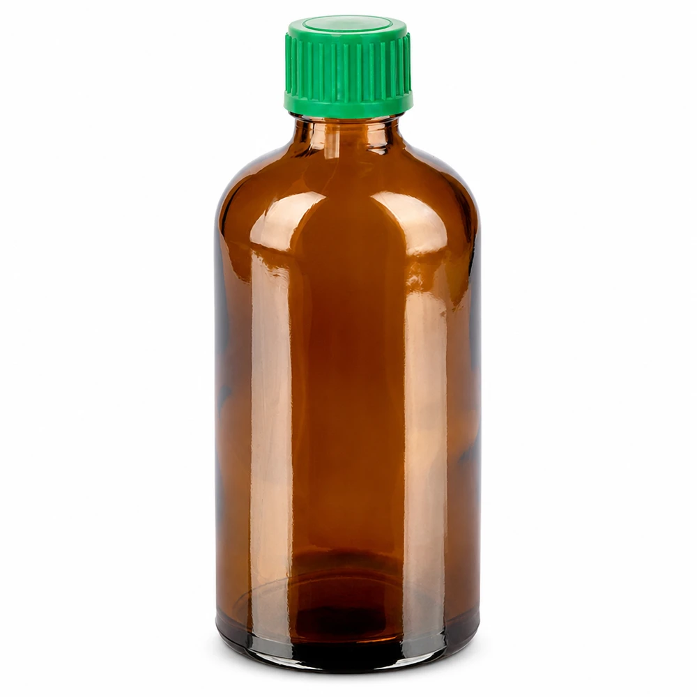 Butelka 100 ml 11 mm SV zielona OV BrownLine UT18/100 Butelka z bursztynowego szkła o pojemności 100 ml z zieloną zakrętką 11 mm do bezpiecznego przechowywania