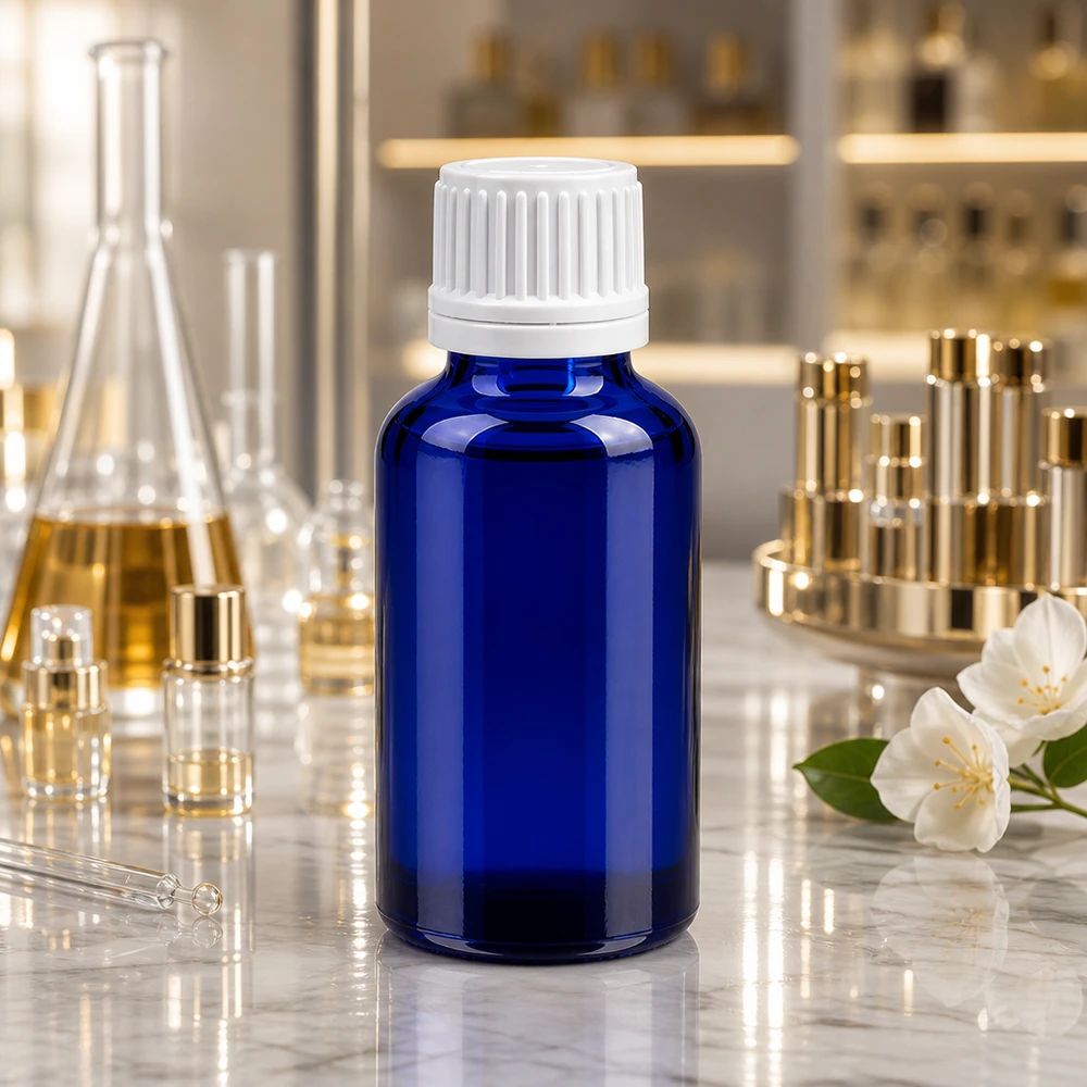 Butelka 30 ml 11 mm SV biała OV BlueLine UT18/30 30 ml szklana butelka BlueLine z białą zakrętką OV do bezpiecznego przechowywania płynów