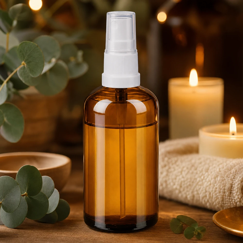 100 ml butelka z atomizerem biała/przezroczysta STD BrownLine UT18/100 Elegancka butelka z rozpylaczem o pojemności 100 ml wykonana z bursztynowego szkła z przezroczystym atomizerem do aromaterapii