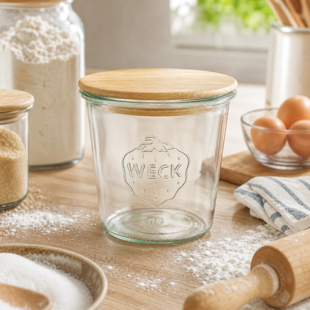 Pusty słoik WECK 580 ml z drewnianą pokrywką w kuchni na oprószonym mąką drewnianym stole między akcesoriami do pieczenia i jajkami
