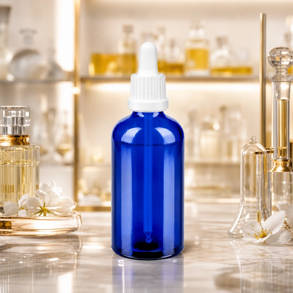 Butelka z bursztynowego szkła o pojemności 100 ml z pipetą BlueLine UT18/100 do substancji światłoczułych