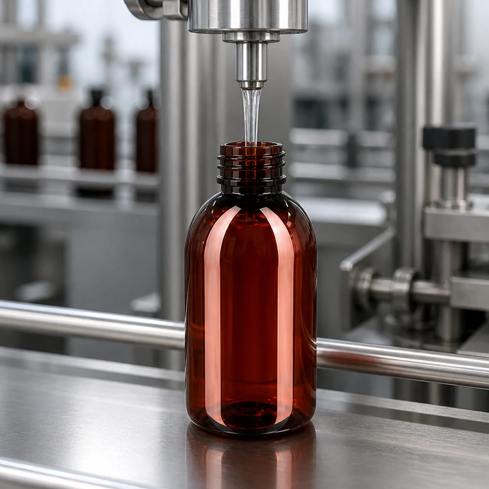 Braune PET Rundflasche 250ml mit Schraubgewinde wird maschinell in Fabrik befüllt