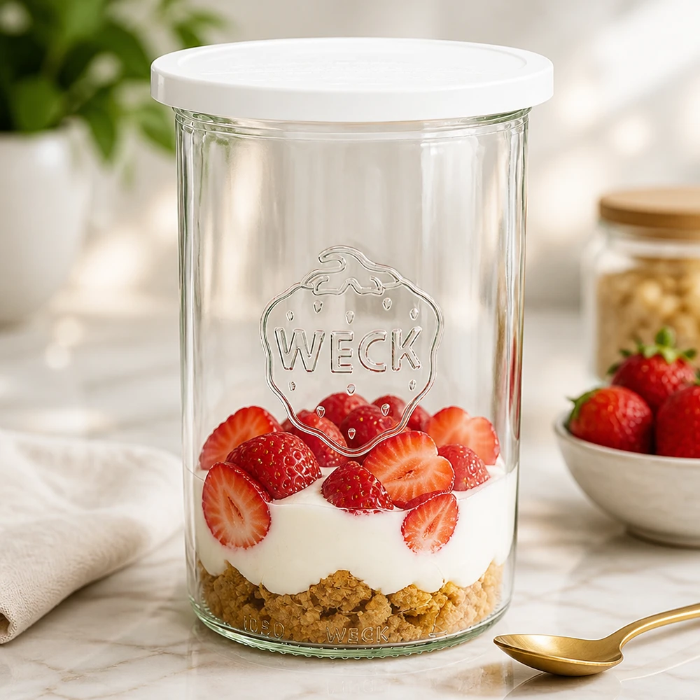 Kubki o pojemności 1000 ml z pokrywką WECK RR100 Słoik WECK 1000 ml jako słoik deserowy wypełniony truskawkami i śmietaną pokazuje wszechstronne zastosowanie słoika do przetworów RR100.