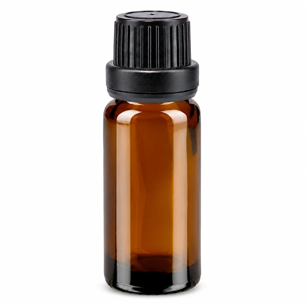10 ml brązowa szklana buteleczka apteczna z czarnym zamknięciem zabezpieczającym oraz wkładem kroplomierzem o średnicy 2 mm