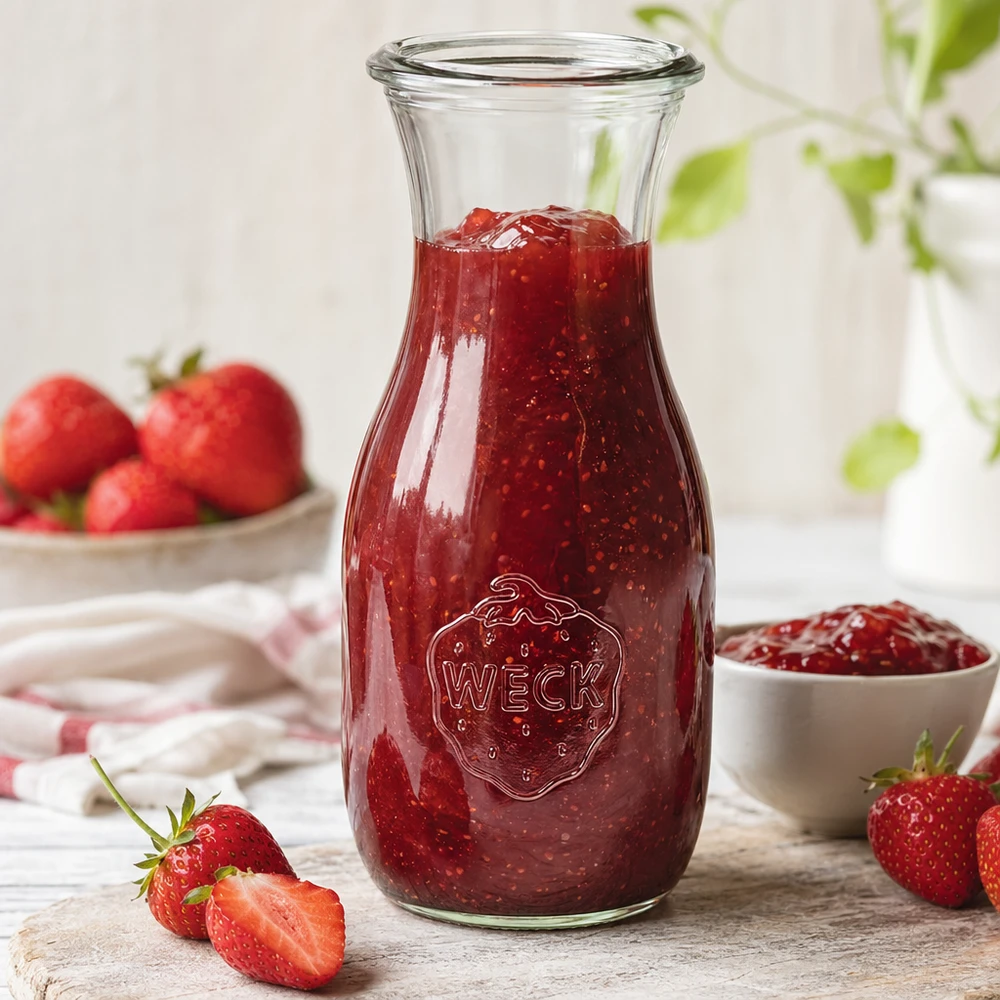 Butelka na sok WECK RR60 o pojemności 530 ml 530 ml butelka soku WECK RR60 wypełniona dżemem truskawkowym obok pokrojonych truskawek i białej miski