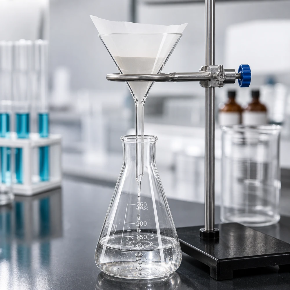Precyzyjny lejek o średnicy 80 mm, wykonany z wytrzymałego szkła sodowo-wapniowego, przeznaczony do eksperymentów chemicznych i analiz