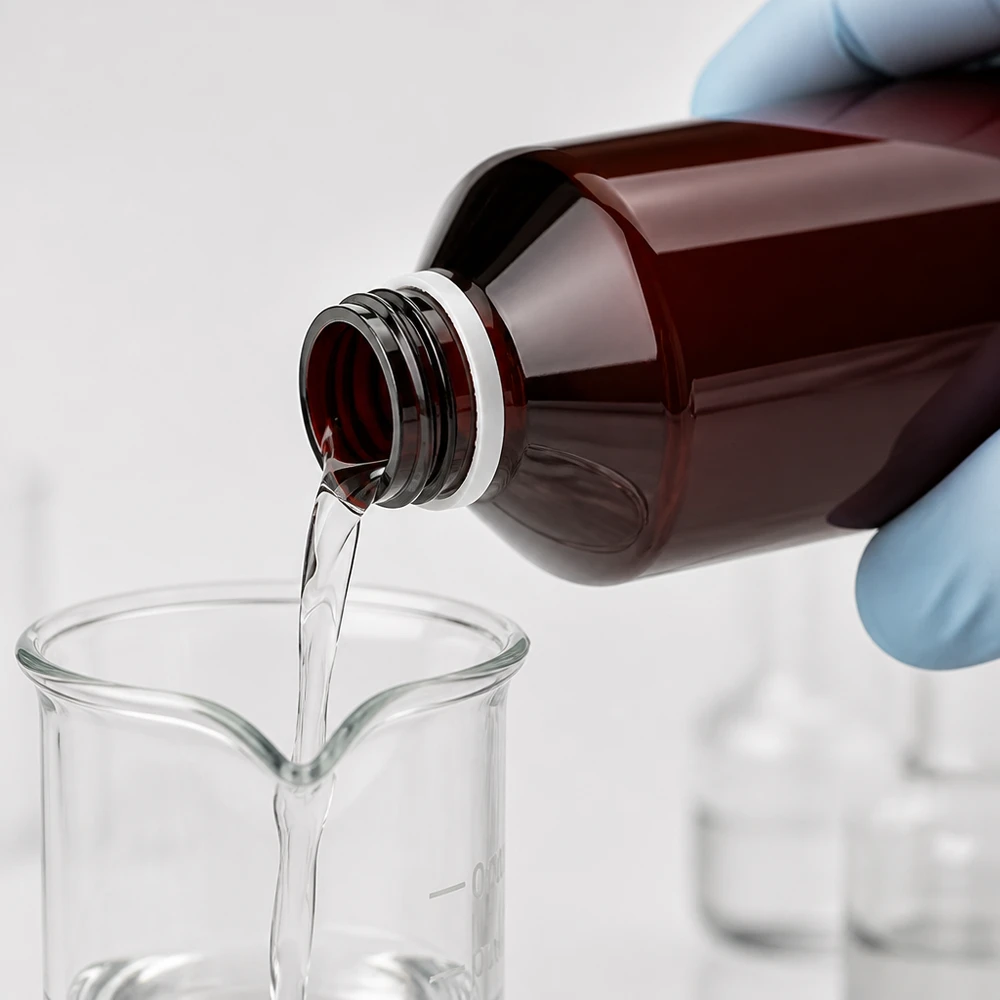Butelka PET 1000 ml z białym karbowanym OV Przezroczysty płyn przelewa się z brązowej butelki PET o pojemności 1000 ml do zlewki